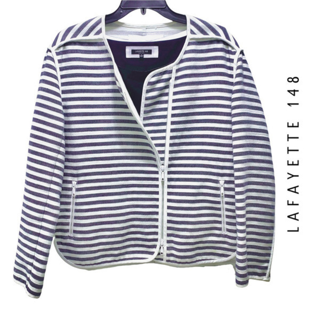 Lafayette 148 New York Cotton-Blend Navy & Cream‎ Striped Zip-Front Jacket Large